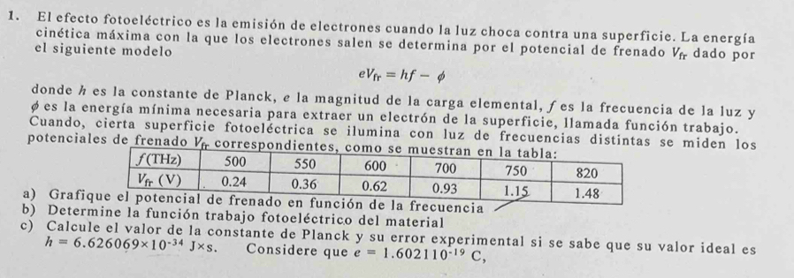 El efecto fotoeléctrico es la emisión de electrones cuando la luz choca contra una superficie. La energía
cinética máxima con la que los electrones salen se determina por el potencial de frenado V dado por
el siguiente modelo
eV_fr=hf-phi
donde h es la constante de Planck, e la magnitud de la carga elemental, ƒes la frecuencia de la luz y
φ es la energía mínima necesaria para extraer un electrón de la superficie, llamada función trabajo.
Cuando, cierta superficie fotoeléctrica se ilumina con luz de frecuencias distintas se miden los
potenci e    e          correspondientes
a) Grafi frecuencia
b) Determine la función trabajo fotoeléctrico del material
c) Calcule el valor de la constante de Planck y su error experimental si se sabe que su valor ideal es
h=6.626069* 10^(-34)J* s. Considere que e=1.602110^(-19)C,