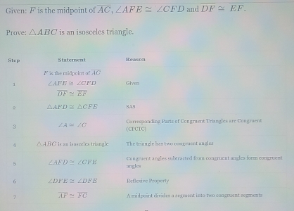 Solved: Given: F is the midpoint of overline AC, ∠ AFE≌ ∠ CFD and ...