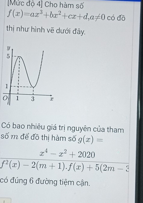 [Mức độ 4] Cho hàm số
f(x)=ax^3+bx^2+cx+d, a!= 0 có đồ 
thị như hình vẽ dưới đây. 
Có bao nhiêu giá trị nguyên của tham 
số m để đồ thị hàm số g(x)=
x^4-x^2+2020
f^2(x)-2(m+1).f(x)+5(2m-3
có đúng 6 đường tiệm cận.