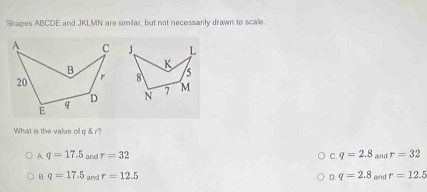 Shapes ABCDE and JKLMN are similar, but not necessarily drawn to scale.
What is the value of q & r?
A q=17.5 and r=32 C. q=2.8 and r=32
B. q=17.5 and r=12.5 q=2.8 and r=12.5
D