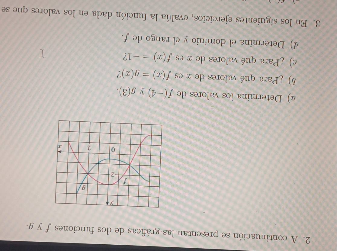 A continuación se presentan las gráficas de dos funciones f y g. 
α) Determina los valores de f(-4) y g(3). 
b) ¿Para qué valores de x es f(x)=g(x) ? 
c) ¿Para qué valores de x es f(x)=-1 ? 
d) Determina el dominio y el rango de f. 
3. En los siguientes ejercicios, evalúa la función dada en los valores que se