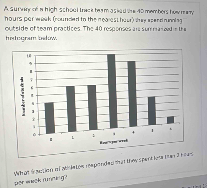 A survey of a high school track team asked the 40 members how many
hours per week (rounded to the nearest hour) they spend running 
outside of team practices. The 40 responses are summarized in the 
histogram below. 
What fraction of athletes responded that they spent less 
per week running?