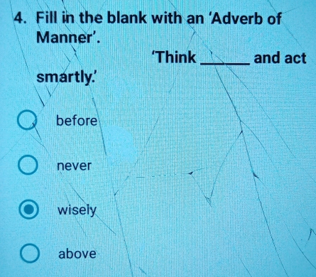 Fill in the blank with an ‘Adverb of
Manner'.
‘Think_ and act
smartly.'
before
never
wisely
above