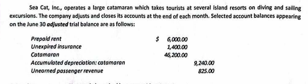 Sea Cat, Inc., operates a large catamaran which takes tourists at several island resorts on diving and sailing 
excursions. The company adjusts and closes its accounts at the end of each month. Selected account balances appearing 
on the June 30 adjusted trial balance are as follows: 
Prepaid rent $ 6,000.00
Unexpired insurance 1,400.00
Catamaran 46, 200.00
Accumulated depreciation: catamaran 9,240.00
Unearned passenger revenue 825.00