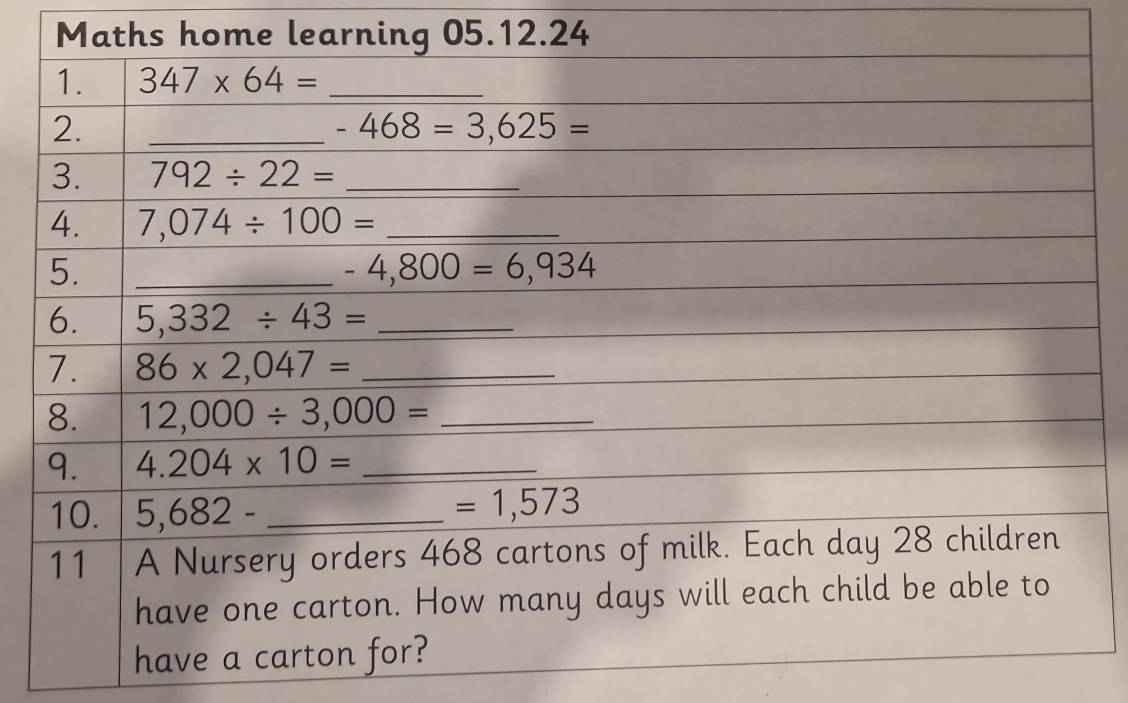 Maths home learning 05.12.24