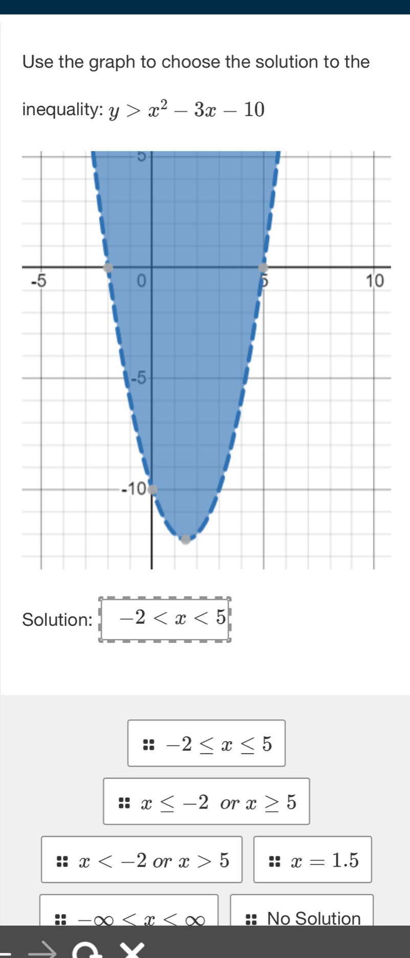 Use the graph to choose the solution to the
inequality: y>x^2-3x-10
Solution: -2
-2≤ x≤ 5
x≤ -2 or x≥ 5
x or x>5 x=1.5
No Solution