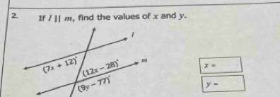 If l||m , find the values of x and y.
x=
y=