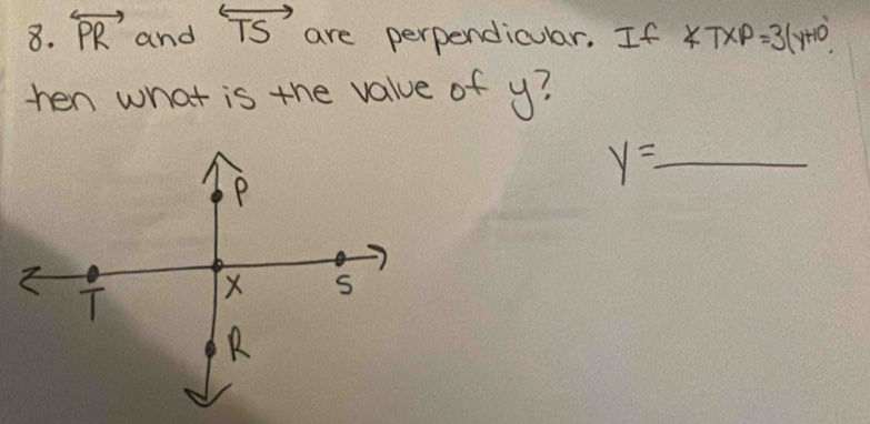 overleftrightarrow PR and overleftrightarrow TS are perpendicular. If ∠ TXP=3(y+10°
hen what is the value of y?
y=_ 