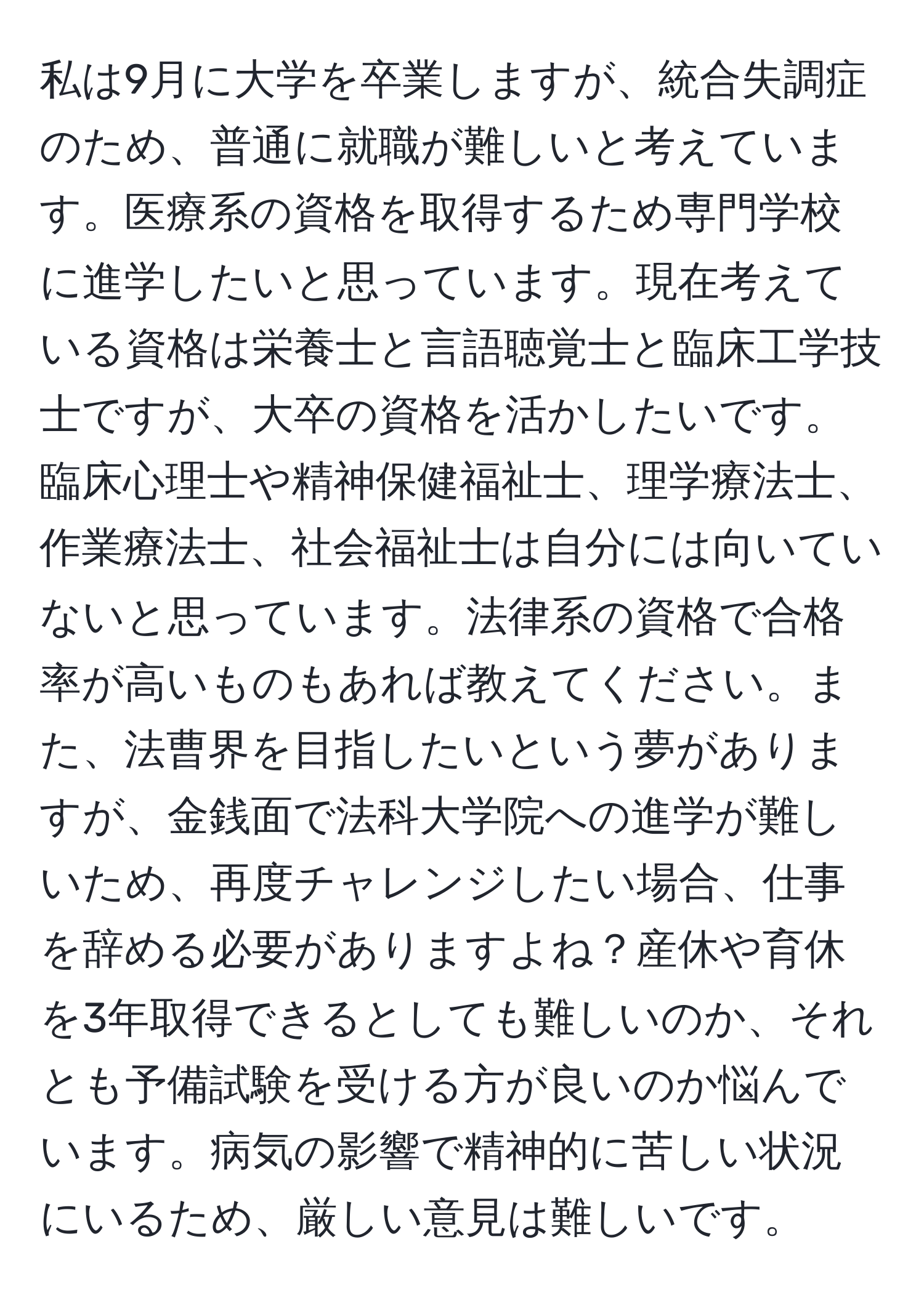 私は9月に大学を卒業しますが、統合失調症のため、普通に就職が難しいと考えています。医療系の資格を取得するため専門学校に進学したいと思っています。現在考えている資格は栄養士と言語聴覚士と臨床工学技士ですが、大卒の資格を活かしたいです。臨床心理士や精神保健福祉士、理学療法士、作業療法士、社会福祉士は自分には向いていないと思っています。法律系の資格で合格率が高いものもあれば教えてください。また、法曹界を目指したいという夢がありますが、金銭面で法科大学院への進学が難しいため、再度チャレンジしたい場合、仕事を辞める必要がありますよね？産休や育休を3年取得できるとしても難しいのか、それとも予備試験を受ける方が良いのか悩んでいます。病気の影響で精神的に苦しい状況にいるため、厳しい意見は難しいです。