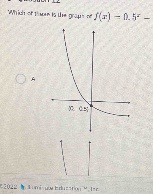 Which of these is the graph of f(x)=0.5^x-
A
©2022 in Illuminate Education TM , Inc.