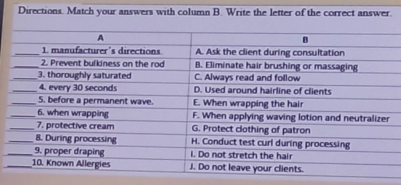 Directions. Match your answers with column B. Write the letter of the correct answer.