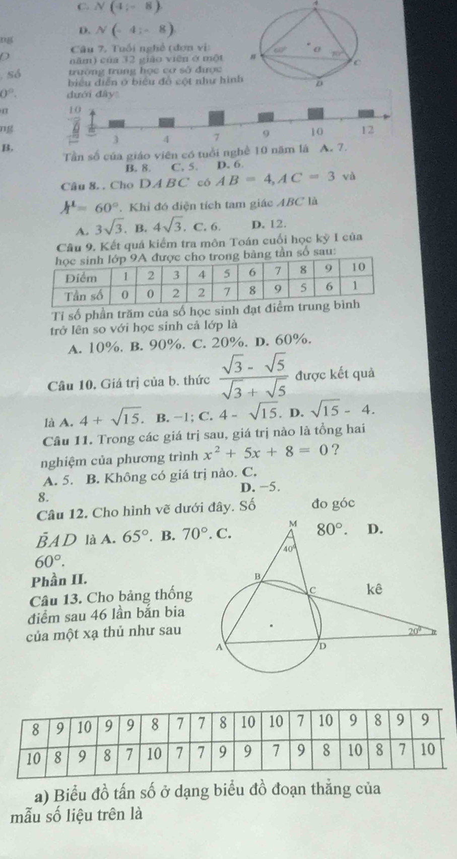 C. N(4;-8)
A
D. N(-4;-8)
Câu 7 Tuổi nghề (đơn vị:
60° 0 80°
năm) của 32 giào viên ở một #
c
Số trường trung học cơ số được
biểu diễn ở biểu đồ cột như hình
0°. dưới đây
ng
B.
Tần số của giáo viên có tuổi nghề 10 năm là A
B. 8. C, 5. D. 6.
Câu &. . Cho DABC có AB=4,AC=3 và
A^1=60°. Khi đó diện tích tam giác ABC là
A. 3sqrt(3).B.4sqrt(3).C.6. D. 12.
Câu 9. Kết quá kiểm tra môn Toán cuối học kỷ I của
ng bảng tần số sau:
Tỉ số phần trăm của số học sinh đạt 
trở lên so với học sinh cả lớp là
A. 10%, B. 90%. C. 20%. D. 60%.
Câu 10, Giá trị của b. thức  (sqrt(3)-sqrt(5))/sqrt(3)+sqrt(5)  được kết quả
là A. 4+sqrt(15). B. −1; C.4-sqrt(15). D. sqrt(15)-4.
Câu 11. Trong các giá trị sau, giá trị nào là tổng hai
nghiệm của phương trình x^2+5x+8=0 ?
A. 5. B. Không có giá trị nào. C.
D. −5.
8.
Câu 12. Cho hình vẽ dưới đây. Số đo góc
overline BAD ) là A. 65°. B.
60°.
Phần II.
Câu 13. Cho bảng thống
điểm sau 46 lần bắn bia
của một xạ thủ như sau
a) Biểu đồ tấn số ở dạng biểu đồ đoạn thắng của
mẫu số liệu trên là