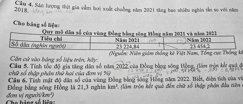 Sản lượng thịt gia cầm hơi xuất chuồng năm 2021 tăng bao nhiêu nghìn tấn so với năm
2018. 
Cho bảng số liệu: 
Quy mô dân số của vùng Đồng bằng sông Hồng năm 2021 và năm 2022
(Nguồn: Niên giám thống kê Việt Nam, Tổng cục Thống kê 
Căn cứ vào bảng số liệu trên, hãy: 
Câu 5. Tính tốc độ gia tăng dân số năm 2022 của Đồng bằng sông Hồng. (làm tròn kết quả đó 
chữ số thập phân thứ hai của đơn vị %) 
Câu 6. Tính mật độ dân số của vùng Đồng bằng sông Hồng năm 2022. Biết, diện tích của vù 
Đồng bằng sông Hồng là 21, 3 nghìn km^2 * . (làm tròn kết quả đến chữ số thập phân đầu tiê 
đơn vị ngườ i/km^2)
Chọ bảng số liêu: