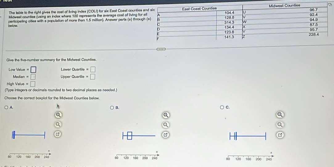 The table to the right gives the cost of living index (COLI) for six East Coast counties 
Midwest counties (using an index where 100 represents the average cost of living for 
participating cities with a population of more than 1.5 million). Answer parts (a) throug 
below. 
Give the five-number summary for the Midwest Counties. 
Low Value =□ Lower Quartile =□
Median =□ Upper Quartile =□
High Value = □
(Type integers or decimals rounded to two decimal places as needed.) 
Choose the correct baxplot for the Midwest Counties below. 
A 
B. 
C. 
B 
B 
x
80 120 160 200 240 80 120 160 200 240