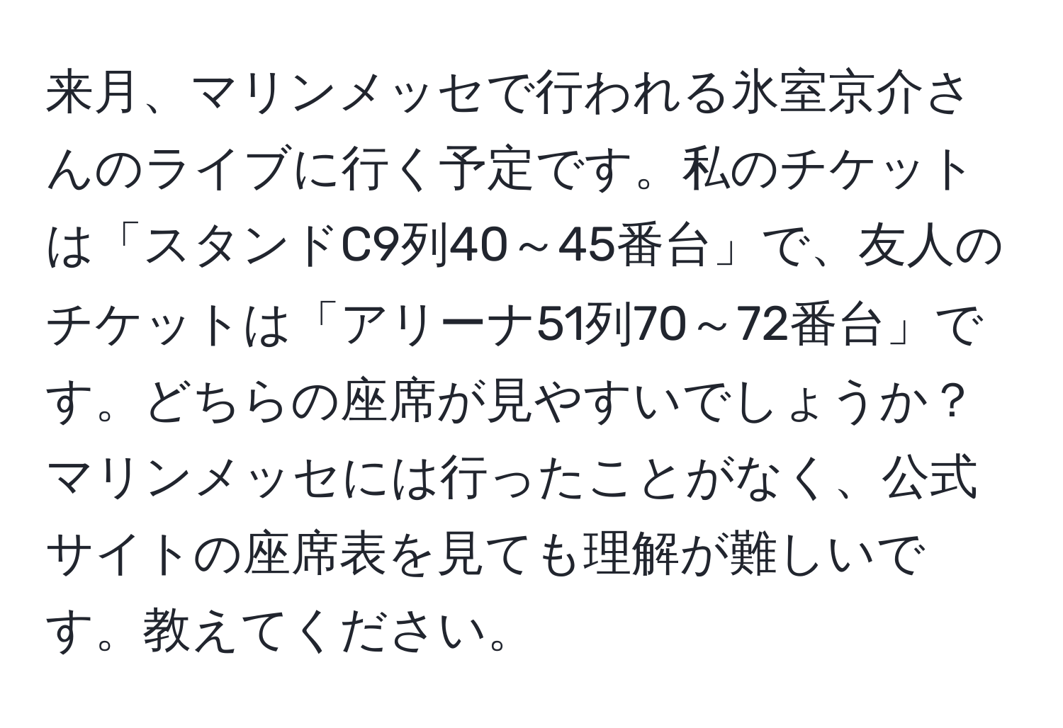 来月、マリンメッセで行われる氷室京介さんのライブに行く予定です。私のチケットは「スタンドC9列40～45番台」で、友人のチケットは「アリーナ51列70～72番台」です。どちらの座席が見やすいでしょうか？マリンメッセには行ったことがなく、公式サイトの座席表を見ても理解が難しいです。教えてください。