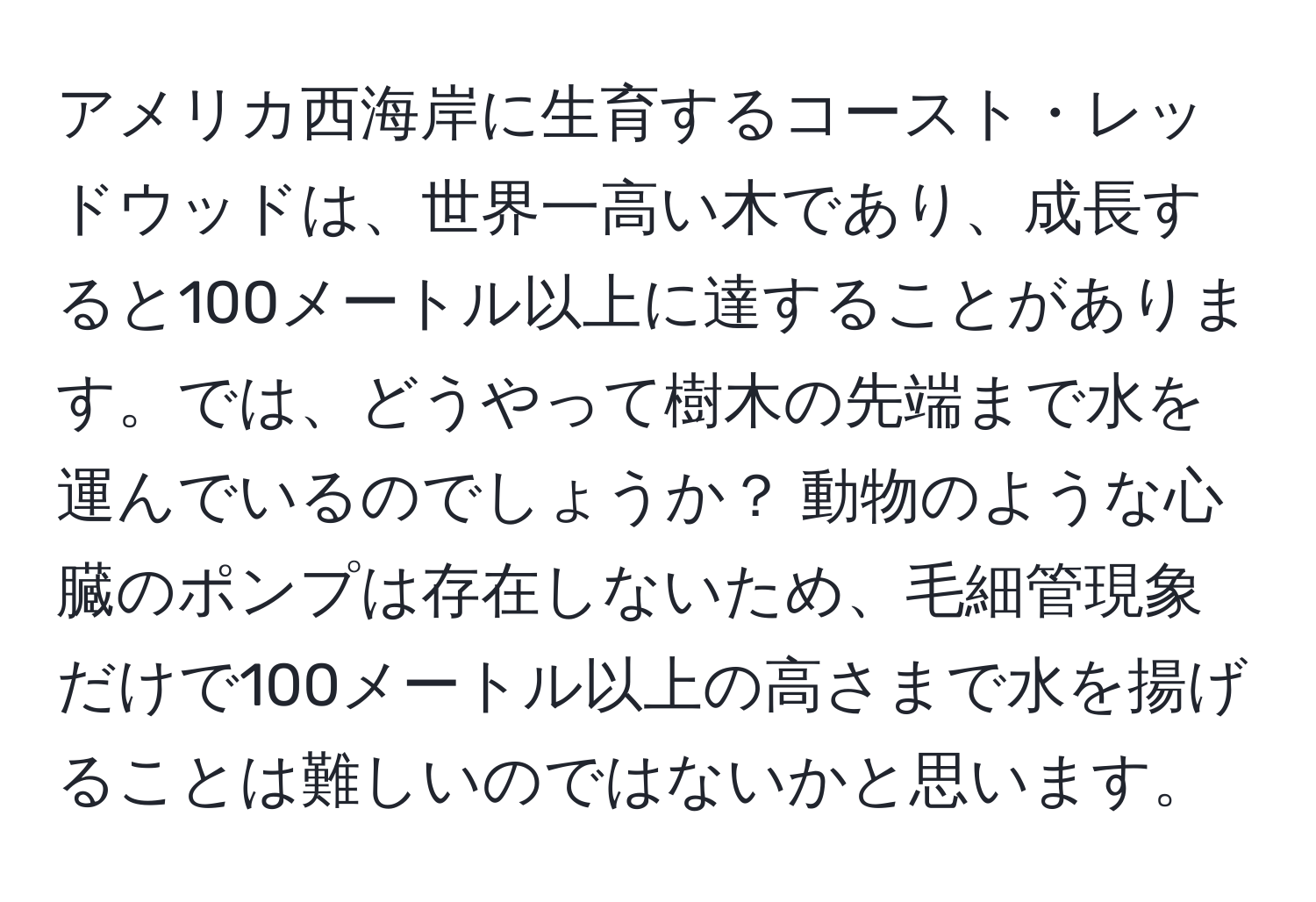 アメリカ西海岸に生育するコースト・レッドウッドは、世界一高い木であり、成長すると100メートル以上に達することがあります。では、どうやって樹木の先端まで水を運んでいるのでしょうか？ 動物のような心臓のポンプは存在しないため、毛細管現象だけで100メートル以上の高さまで水を揚げることは難しいのではないかと思います。