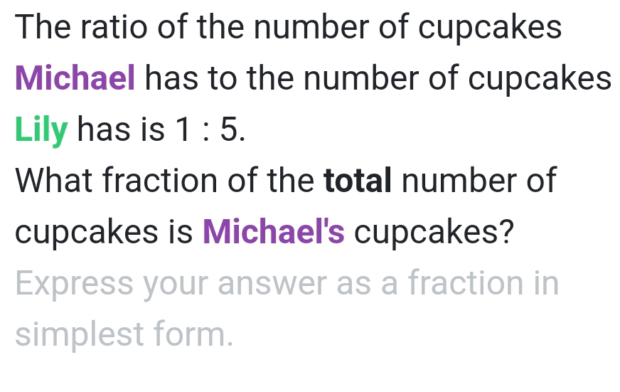 The ratio of the number of cupcakes 
Michael has to the number of cupcakes 
Lily has is 1:5. 
What fraction of the total number of 
cupcakes is Michael's cupcakes? 
Express your answer as a fraction in 
simplest form.