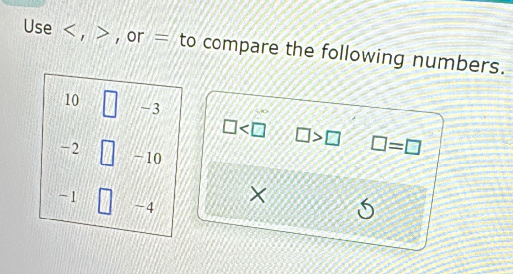 Use , , or = to compare the following numbers.
10 □ -3
□ □ >□ □ =□
-2 -10
-1
-4
×