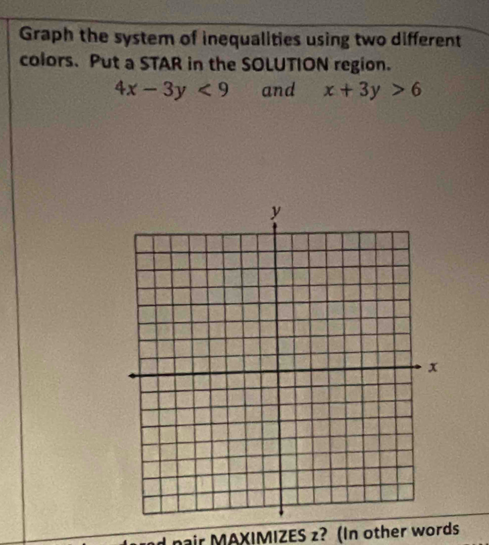 Graph the system of inequalities using two different
colors. Put a STAR in the SOLUTION region.
4x-3y<9</tex> and x+3y>6
nair MAXIMIZES z? (In other words