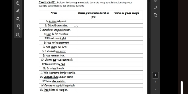 indiquer la classe grammaticale des mots en gras et la fonction du groupe 
souligné dans chacune des phrases suivante 
1 
3 
17/ Trois billets, s'il vous p'ait.