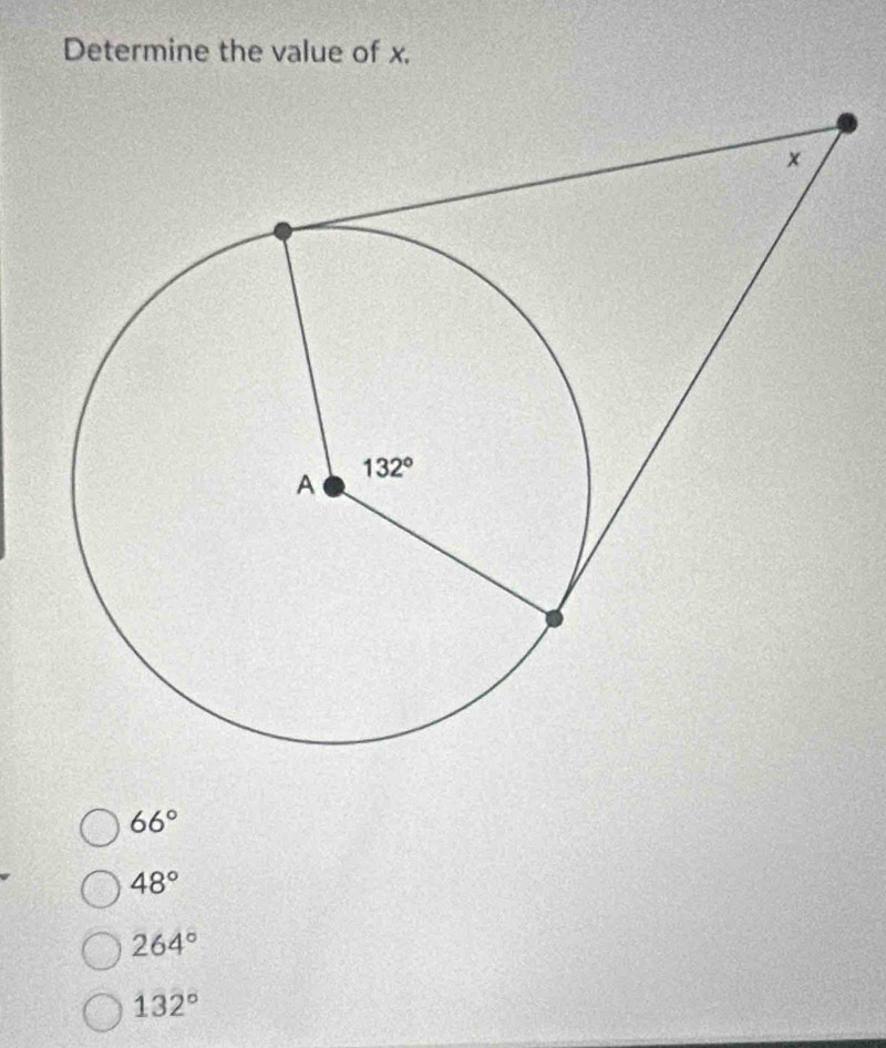 Determine the value of x.
66°
48°
264°
132°