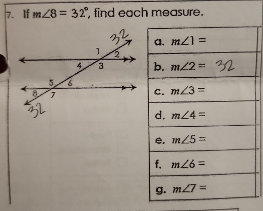 If m∠ 8=32° find each measure.