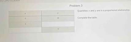 Problem 3 
uantities x and y are in a proportional relationship 
omplete the table.