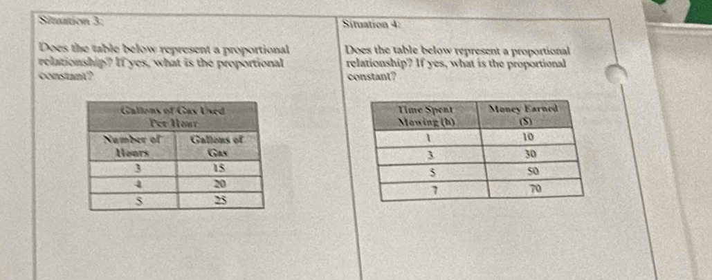 Séuation 3: Situation 4: 
Does the table below represent a proportional Does the table below represent a proportional 
relationship? If yes, what is the proportional relationship? If yes, what is the proportional 
constant? constant?