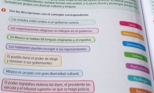 de innair en las décisiones polacs en édéral porque le
* 'dependientes, aunque forman una unidad, y es pluricultural y plurilingüe porque est e
formada por grupos con diversas culturas y lenguas
Une las descripciones con el concepto correspondiente.
Los estados están unidos a un gobierno central.
Laica
Las organizaciones religiosas no influyen en el gobierno.
Representativg
En México se hablan 68 lenguas originarias y el español.
Democrático
Los habitantes pueden escoger a sus representantes.
Federol
El pueblo tiene el poder de elegir
y remover a sus gobernantes.
Pluricultural
México es un país con gran diversidad cultural.
Plurilingue
El poder legislativo elabora las leyes, el presidente las
ejecuta y el tribunal supremo ve que se haga justicia.
Renihy