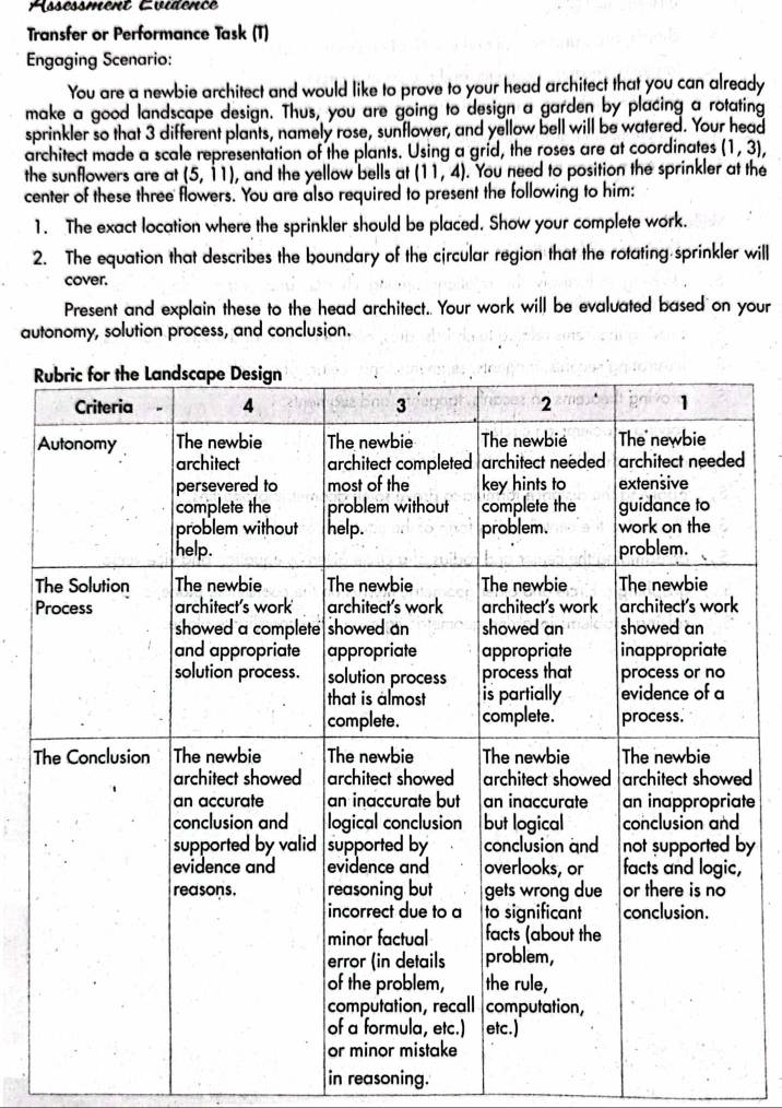 Assessment Evidence 
Transfer or Performance Task (T) 
Engaging Scenario: 
You are a newbie architect and would like to prove to your head architect that you can already 
make a good landscape design. Thus, you are going to design a garden by placing a rotating 
sprinkler so that 3 different plants, namely rose, sunflower, and yellow bell will be watered. Your head 
architect made a scale representation of the plants. Using a grid, the roses are at coordinates (1,3), 
the sunflowers are at (5, 11 ), and the yellow bells at (11,4). You need to position the sprinkler at the 
center of these three flowers. You are also required to present the following to him: 
1. The exact location where the sprinkler should be placed. Show your complete work. 
2. The equation that describes the boundary of the circular region that the rotating sprinkler will 
cover. 
Present and explain these to the head architect.. Your work will be evaluated based on your 
autonomy, solution process, and conclusion.
R
T 
P 
T 
d 
te 
y 
in reasoning.