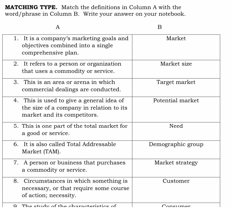 MATCHING TYPE. Match the definitions in Column A with the 
word/phrase in Column B. Write your answer on your notebook. 
Q The study of the cheracteristics of Consumer