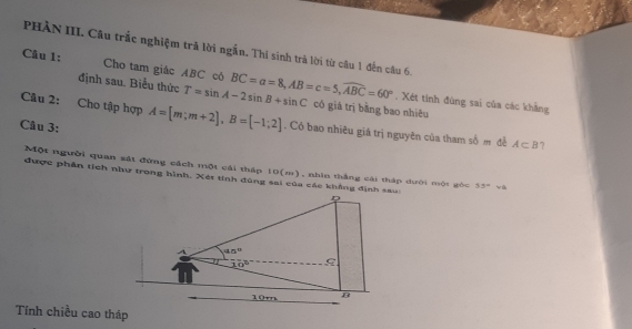 PHÀN III. Câu trắc nghiệm trả lời ngẫn. Thí sinh trà lời từ câu 1 đến câu 6. 
Câu 1: Cho tam giác ABC có BC=a=8, AB=c=5, widehat ABC=60° , Xét tinh đùng sai của các khẳng 
định sau. Biểu thức T=sin A-2sin B+sin C có giá trị bằng bao nhiều 
Câu 2: Cho tập hợp A=[m;m+2], B=[-1;2]. Có bao nhiêu giá trị nguyên của tham số m đề A⊂ B 7 
Câu 3: 
Một người quan sát đứng cách một cải tháp 10(m), nhìn thắng cái thập dưới một gòc 33°
được phần tích như trong hình, Xét tính đùng sai của các khẳng định sau:
D
45°
10°
10m B 
Tính chiều cao tháp