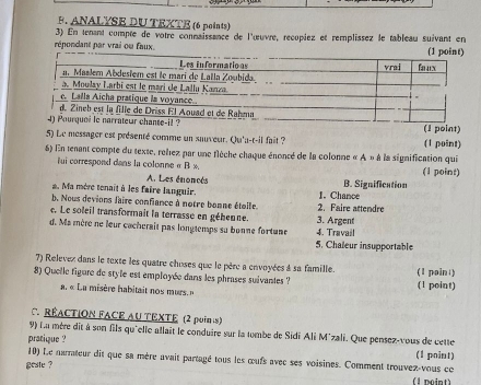 ANALYSE DU TEXTE (6 points)
3) En tenant compte de votre connaissance de l'œuvre, récopiez et remplissez le tableau suivant en
répondant par vrai ou faux.
5) Le messager est présenté comme un sauveur. Qu'a-t-il fait ? (1 point) (1 point)
6) En tenant compte du texte, relez par une flèche chaque énoncé de la colonne « A » à la signification qui
lui correspond dans la colonne « B ». (1 point)
A. Les énoncés
a. Ma mère tenait à les faire languir. B. Signification
b. Nous devions faire confiance à notre bonne étaile. 1. Chance
c. Le soleil transformait la terrasse en gébenne. 2. Faire attendre
d. Ma mère ne leur cacherait pas longtemps su bonne fortune 4. Travail 3. Argent
5. Chaleur insupportable
7) Relevez dans le texte les quatre choses que le père a envoyées à sa famille.
8) Queile figure de style est employée dans les phrases suivantes ? (1 point) (1 point)
a. « La misère habitait nos murs.»
C REACTION FACE AU TEXTE (2 puin s)
9) La mère dit à son fils qu'elle allait le conduire sur la tombe de Sidi Ali M'zali. Que pensez-vous de cette
pratique ?
10) Le narrateur dit que sa mère avait partagé tous les œufs avec ses voisines. Comment trouvez-vous ce (1 point)
geste ?
(l point)