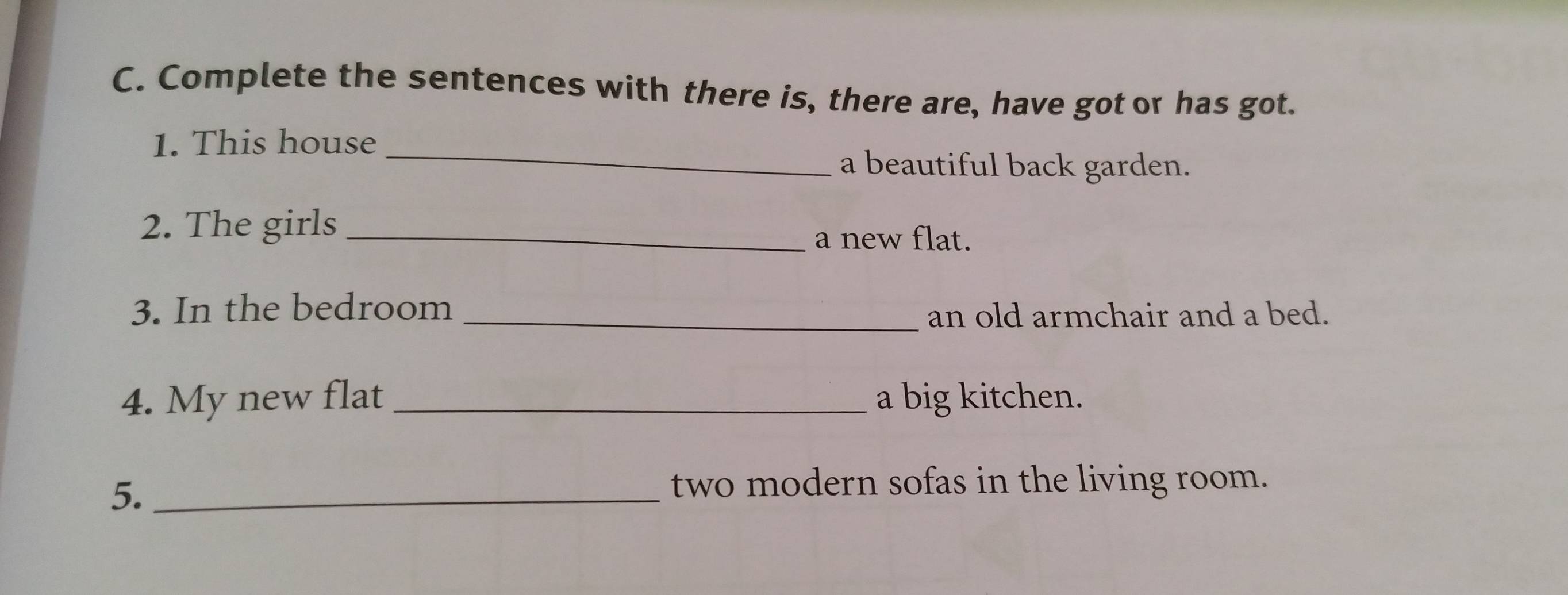 Complete the sentences with there is, there are, have got or has got. 
1. This house_ 
a beautiful back garden. 
2. The girls_ 
a new flat. 
3. In the bedroom _an old armchair and a bed. 
4. My new flat _a big kitchen. 
5._ 
two modern sofas in the living room.