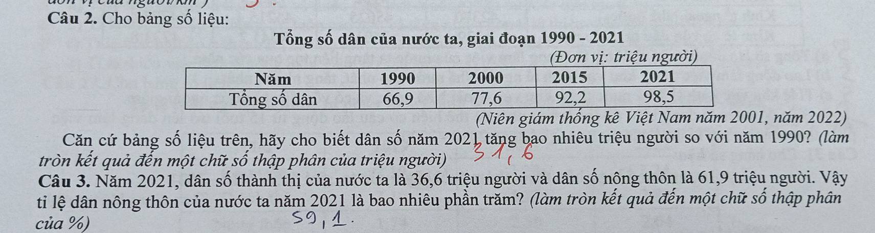 Cho bảng số liệu: 
Tổng số dân của nước ta, giai đoạn 1990 - 2021 
i) 
(Niên giám thống kê Việt Nam năm 2001, năm 2022) 
Căn cứ bảng số liệu trên, hãy cho biết dân số năm 2021 tăng bao nhiêu triệu người so với năm 1990? (làm 
tròn kết quả đến một chữ số thập phân của triệu người) 
Câu 3. Năm 2021, dân số thành thị của nước ta là 36, 6 triệu người và dân số nông thôn là 61, 9 triệu người. Vậy 
ti lệ dân nông thôn của nước ta năm 2021 là bao nhiêu phần trăm? (làm tròn kết quả đến một chữ số thập phân 
của %)