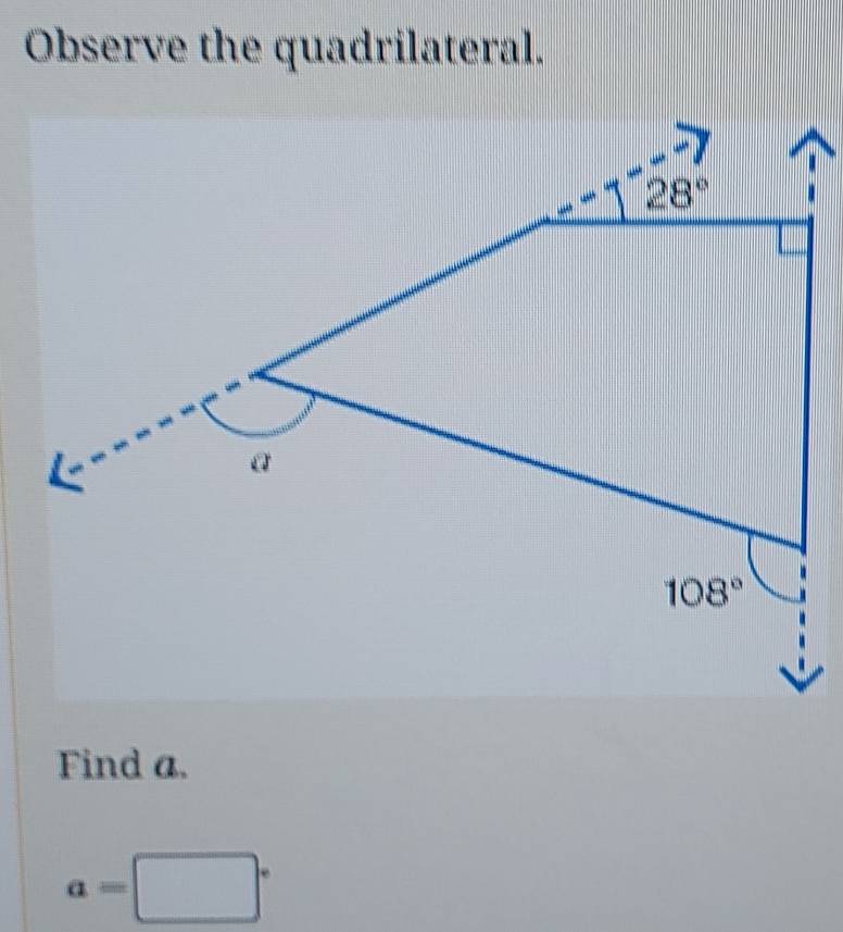 Observe the quadrilateral.
Find a.
a=□°