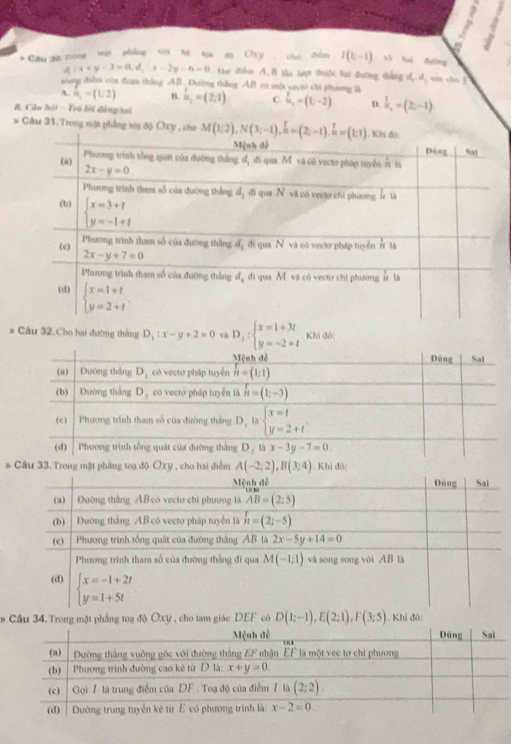 nóng mp phú
-
d_1:x+y-3=0,d_1:x-2y-6=0 tiai diện A. B ta hưn thuộc bai đường ean chn l
sung điễm còn đaạn tháng AB. Dường thắng AB có một yech chi phng là
A. vector n=(1,2) B.  1/8 ,=(2;1) C  1/14 =(1;-2) D. frac 1a_1=(2,-1)
B. Cầu hỏi - Trô lời đùng/sai
# Câu 31, Trong một phẳng mạ độ Oxy , cho 
# Câu 32. Cho hai đường thắng D_1:x-y+2=0 và D_2:beginarrayl x=1+3t y=-2+tendarray. Khi đô:
Câu 33.Trong mật phẳng toạ độ Oxy , cho hai điểm A(-2;2),B(3;4). Khi đô:
* Cầu 34. Trong mật phẳng toạ độ