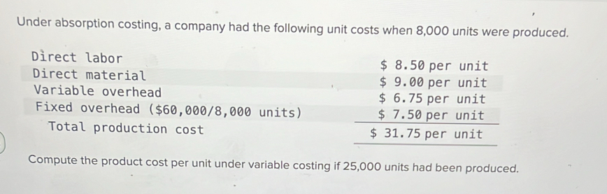 Under absorption costing, a company had the following unit costs when 8,000 units were produced. 
Direct labor 
Direct material 
Variable overhead 
Fixed overhead ($60,000/8,000 units) beginarrayr 58.58perumt 59,88prunit 56.75perunit 531.75perunit hline 531.75perwultendarray
Total production cost 
Compute the product cost per unit under variable costing if 25,000 units had been produced.