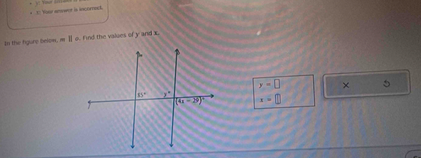 Your i  e  
X! Your answer is incorrect.
In the figure below, m||o. Find the values of y and x.
y=□
×
x=□