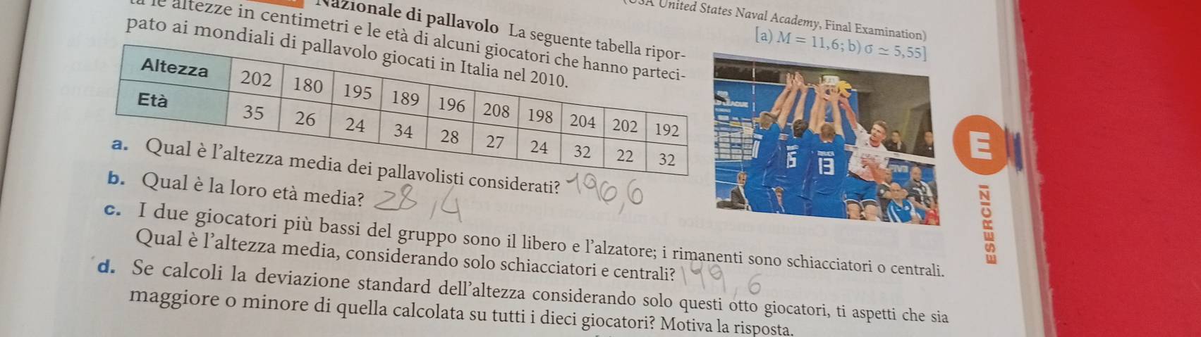 SA United States Naval Academy, Final Examination) M=11,6;b)sigma approx 5,55]
Nazionale di pallavolo La segu 
[a) 
e altezze in centimetri e le età d 
pato ai mondia 
E 
erati? 
l è la loro età media? 
c. I due giocatori più bassi del gruppo sono il libero e l’alzatore; i rimanenti sono schiacciatori o centrali. 
Qual è l’altezza media, considerando solo schiacciatori e centrali? 
d. Se calcoli la deviazione standard dell’altezza considerando solo questi otto giocatori, ti aspetti che sia 
maggiore o minore di quella calcolata su tutti i dieci giocatori? Motiva la risposta.