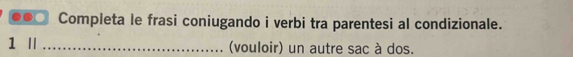 Completa le frasi coniugando i verbi tra parentesi al condizionale. 
1 I _(vouloir) un autre sac à dos.