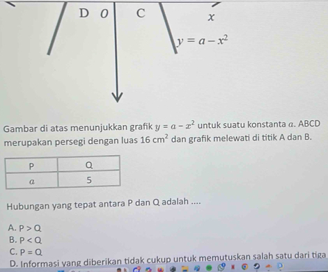 Gambar di atas menunjukkan grafik y=a-x^2 untuk suatu konstanta α. ABCD
merupakan persegi dengan luas 16cm^2 dan grafik melewati di titik A dan B.
Hubungan yang tepat antara P dan Q adalah ....
A. P>Q
B. P
C. P=Q
D. Informasi yang diberikan tidak cukup untuk memutuskan salah satu dari tiga