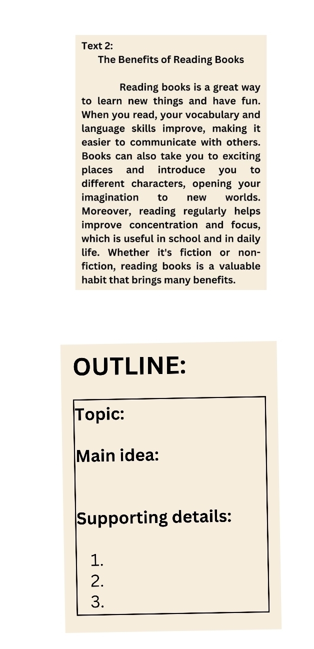 Text 2: 
The Benefits of Reading Books 
Reading books is a great way 
to learn new things and have fun. 
When you read, your vocabulary and 
language skills improve, making it 
easier to communicate with others. 
Books can also take you to exciting 
places and introduce you to 
different characters, opening your 
imagination to new worlds. 
Moreover, reading regularly helps 
improve concentration and focus, 
which is useful in school and in daily 
life. Whether it's fiction or non- 
fiction, reading books is a valuable 
habit that brings many benefits. 
OUTLINE: 
Topic: 
Main idea: 
Supporting details: 
1. 
2. 
3.