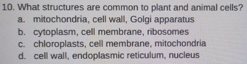 What structures are common to plant and animal cells?
a. mitochondria, cell wall, Golgi apparatus
b. cytoplasm, cell membrane, ribosomes
c. chloroplasts, cell membrane, mitochondria
d. cell wall, endoplasmic reticulum, nucleus