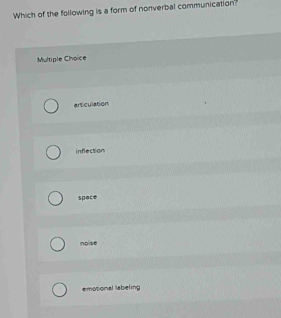 Which of the following is a form of nonverbal communication?
Multiple Choice
articulation
inflection
space
noise
emotional labeling