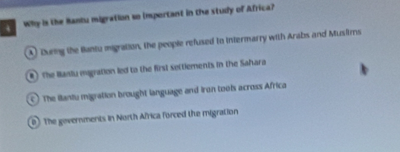 Why is the Bantu migration so important in the study of Africa?
A During the Bantu migration, the people refused to intermarry with Arabs and Muslims
) The Banlu migration led to the first settiements in the Sahara
) The Bantu migration brought language and iron tools across Africa
) The gevernments in North Africa forced the migration