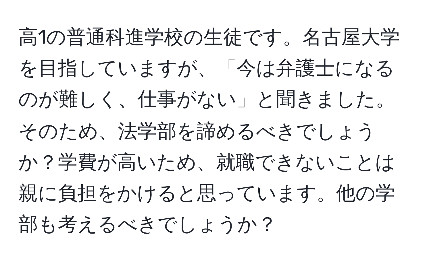 高1の普通科進学校の生徒です。名古屋大学を目指していますが、「今は弁護士になるのが難しく、仕事がない」と聞きました。そのため、法学部を諦めるべきでしょうか？学費が高いため、就職できないことは親に負担をかけると思っています。他の学部も考えるべきでしょうか？