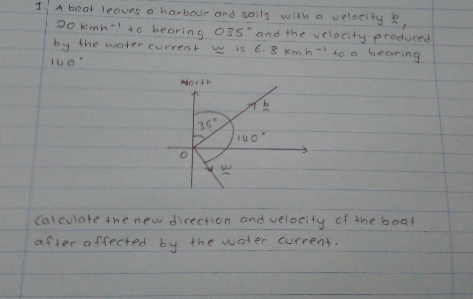 A boat leaves a harbour and sails with a velocity overset bsim ,
20kmh^(-1)+c bearing 035° and the velocity produced
by the water current w is 6.8kmh^(-1) to a bearing
luo:
calculate the new direction and velocity of the boat
after affected by the water current.