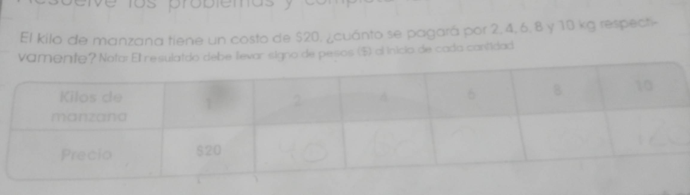 ie 1os propiemas yes 
El kilo de manzana tiene un costo de $20, ¿cuánto se pagará por 2, 4, 6, 8 y 10 kg respecti- 
ievar signo de pesos ($) al inicio de cada cantidad