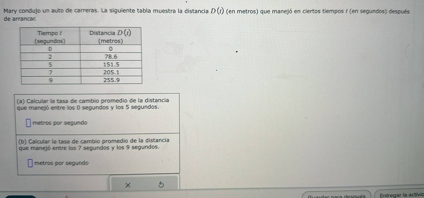 Mary condujo un auto de carreras. La siguiente tabla muestra la distancia D(t) (en metros) que manejó en ciertos tiempos t (en segundos) después
de arrancar.
(a) Calcular la tasa de cambio promedio de la distancia
que manejó entre los 0 segundos y los 5 segundos.
metros por segundo
(b) Calcular la tasa de cambio promedio de la distancia
que manejó entre los 7 segundos y los 9 segundos.
metros por segundo
× 5
Guardar para después Entregar la activic